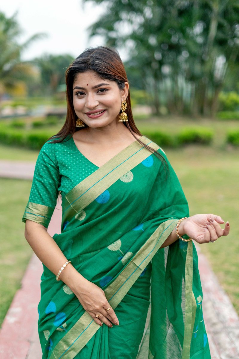 Aastha Fashion Green Woven Cotton Silk Saree with Blouse - Distacart