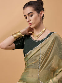 Thumbnail for Green Muslin Embroidered Saree with Unstitched Blouse Piece - Satya
