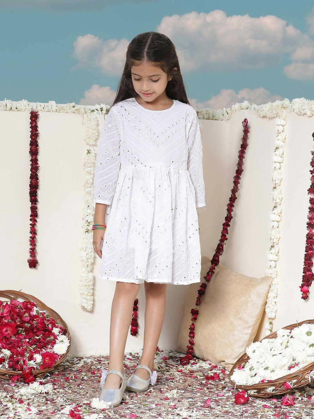 Vastramay Georgette Mirror Work Flare Anarkali Ethnic Dress For Girls - White - Distacart