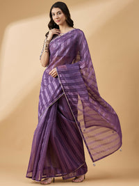 Thumbnail for Purple Cotton Blend Sequence Work Saree with Stitched Blouse - Dharavi - Distacart