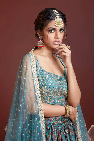 Supriya's Wedding Wear Net Base Full Flared Sky Blue Lehenga at Rs 35000 in  Anand