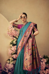 Thumbnail for Vishnu Weaves Women's Rama Paithani Silk Saree with Blouse