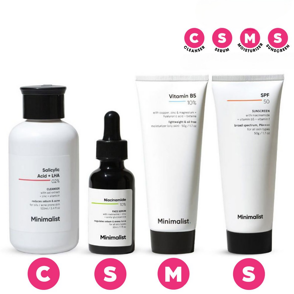 Minimalist Daily Skincare Routine CSMS (Cleanser, Serum, Moisturizer, Sunscreen) Combo For Oily & Acne Prone Skin