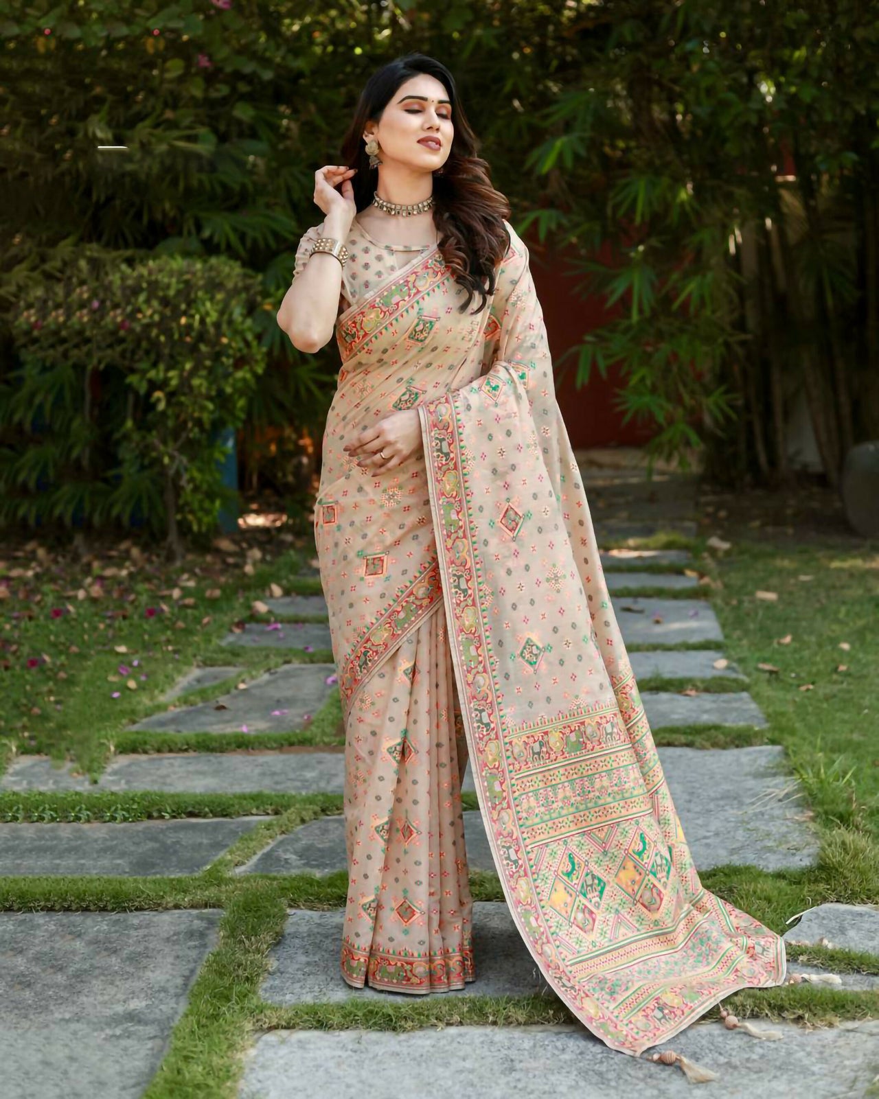 Vastranavya Luxury and Beautiful Soft, Smooth, Flowing Original Pashmina Soft Cotton Saree with Matching Blouse Fabric - Beige