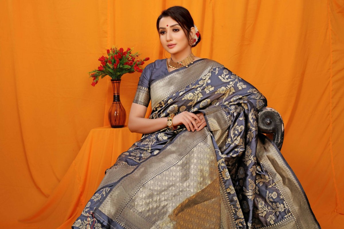 Aastha Fashion Navy Blue Woven Banarasi Silk Saree with Blouse - Distacart