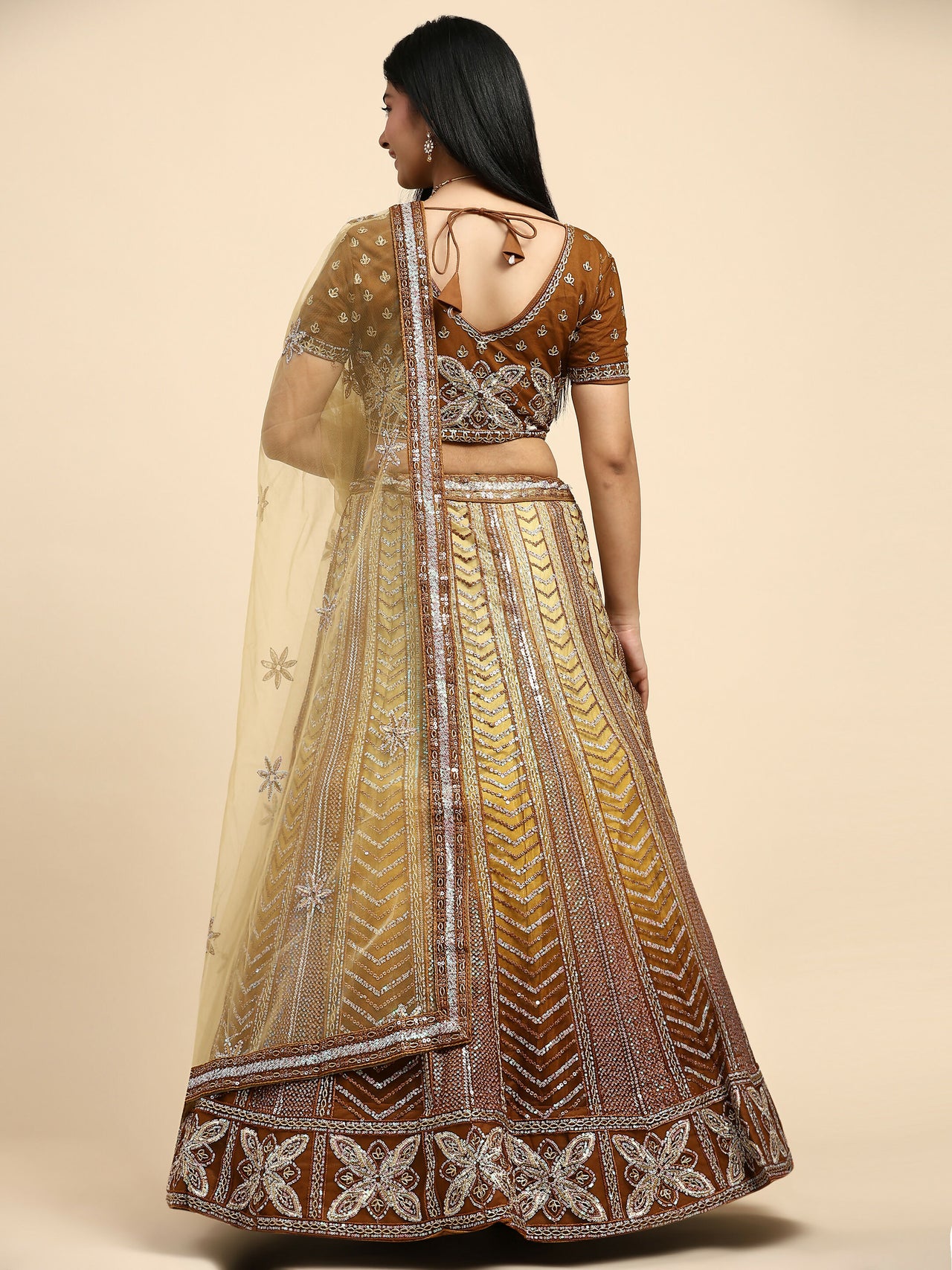 Brown Fancy Net Sequence Embroidered Lehenga Choli with Dupatta - Dhara - Distacart