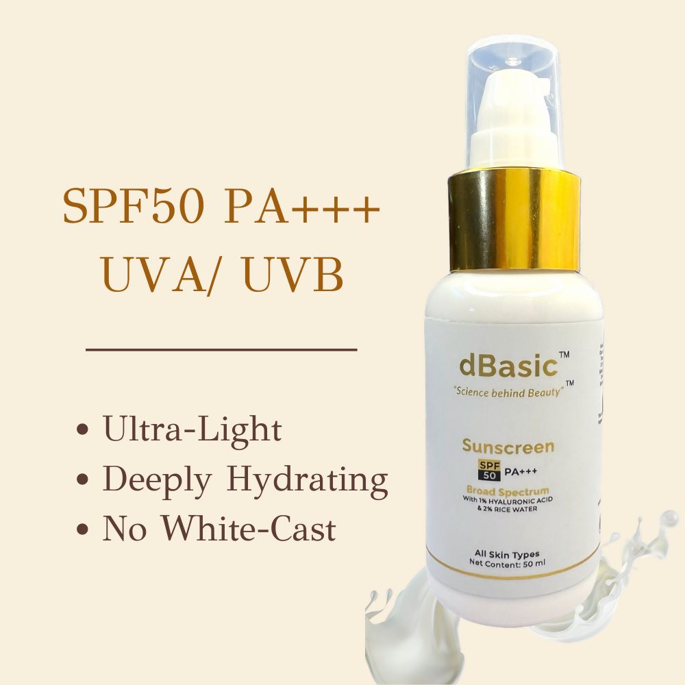 dBasic Sunscreen SPF50 PA+++ UVA/UVB, Blue Light Filter, Rice Water, Shea Butter & No White Cast - Distacart