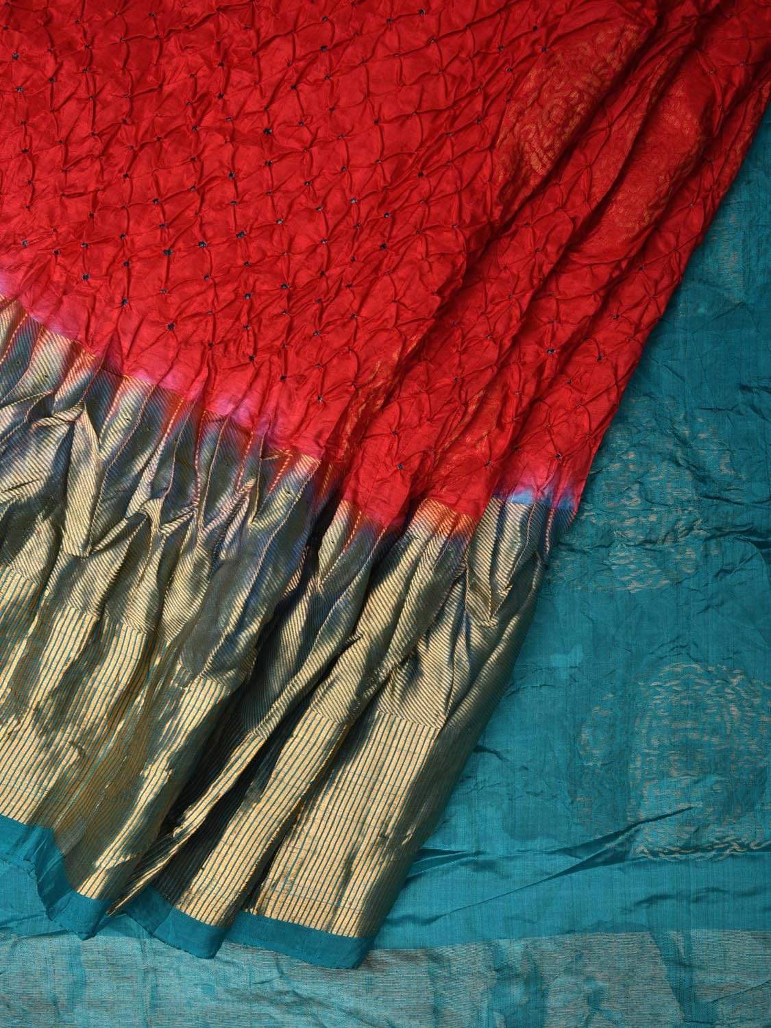 Red and Teal Bandhani Kanchipuram Silk Handloom Saree with Big Buta Design - Global Threads - Distacart