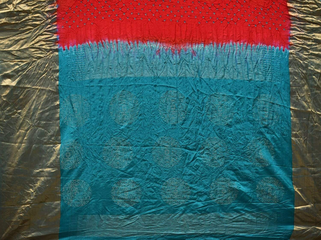 Red and Teal Bandhani Kanchipuram Silk Handloom Saree with Big Buta Design - Global Threads - Distacart