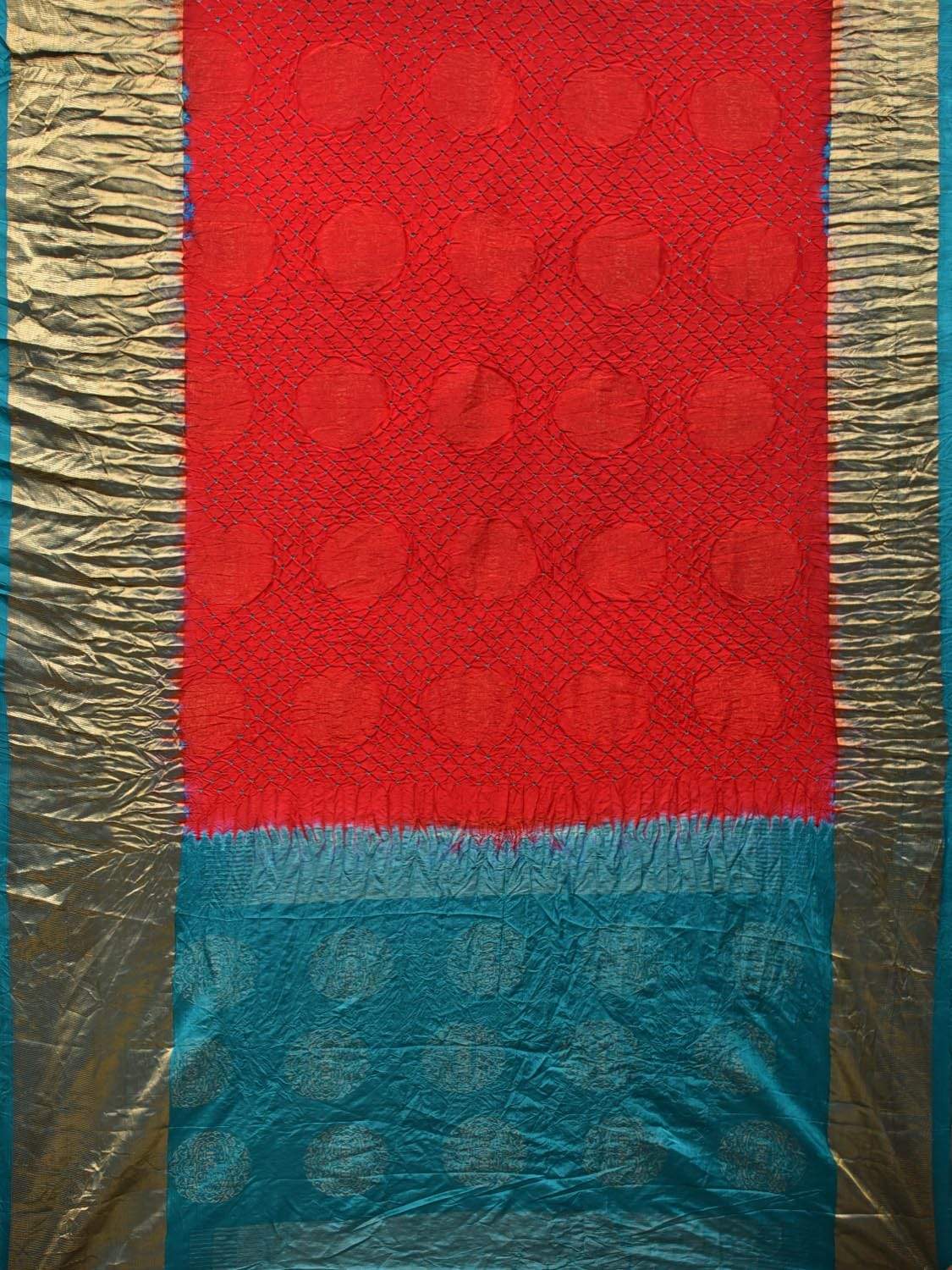 Red and Teal Bandhani Kanchipuram Silk Handloom Saree with Big Buta Design - Global Threads - Distacart