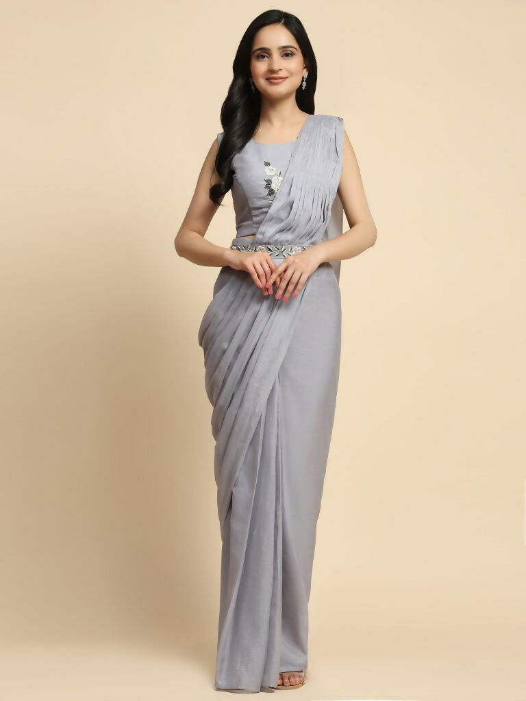 Grey Chiffon Solid Ready to wear Saree with stitched Blouse - Aayan - Distacart