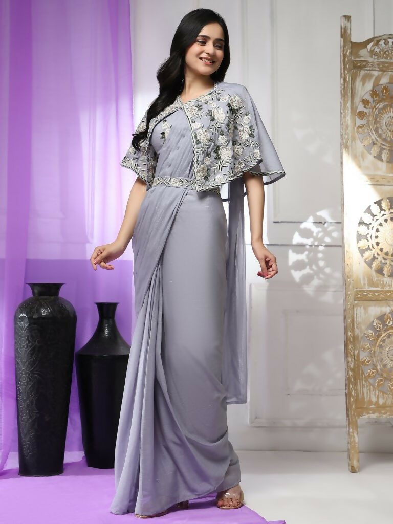 Grey Chiffon Solid Ready to wear Saree with stitched Blouse - Aayan - Distacart