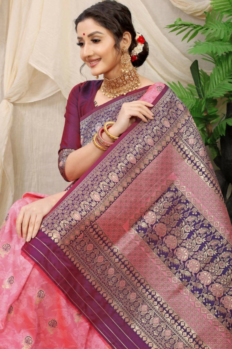 Aastha Fashion Baby Pink Woven Banarasi Silk Saree with Blouse - Distacart