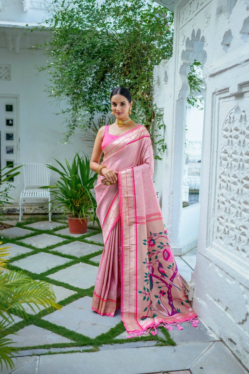 Aastha Fashion Baby Pink Woven Kanjivaram Silk Saree with Blouse - Distacart