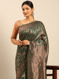 Thumbnail for Women Green Cotton Saree With Un Stitched Blouse - Aanika