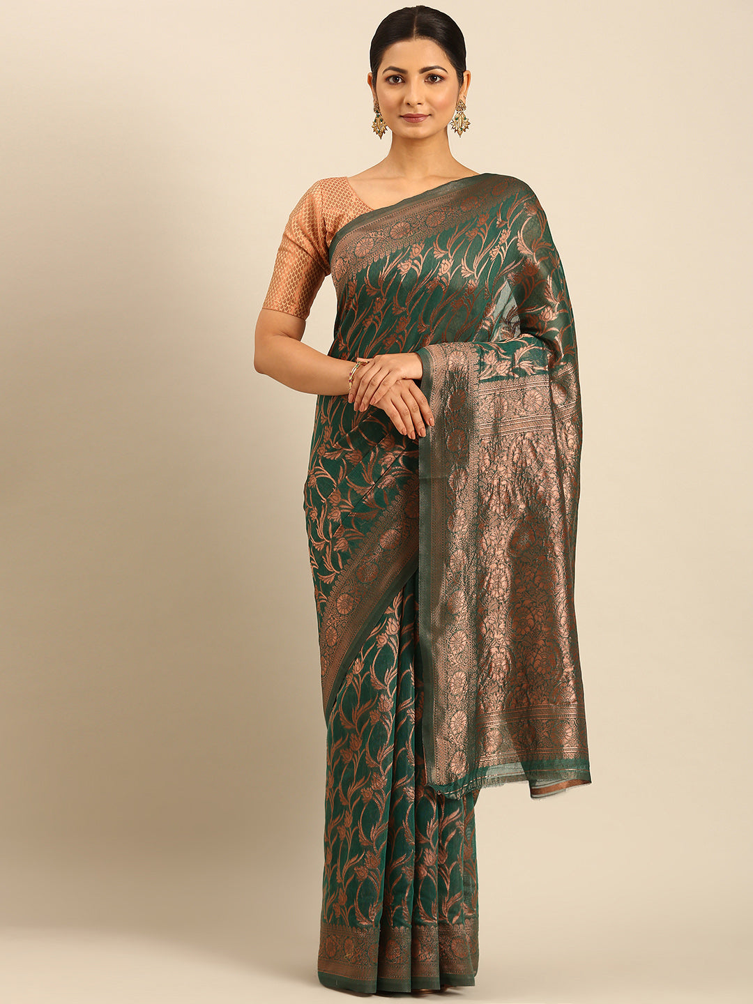 Women Green Cotton Saree With Un Stitched Blouse - Aanika