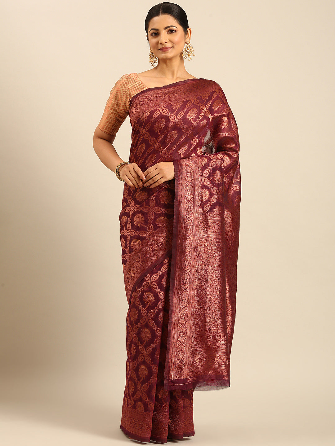 Women Wine Cotton Saree With Un Stitched Blouse - Aanika