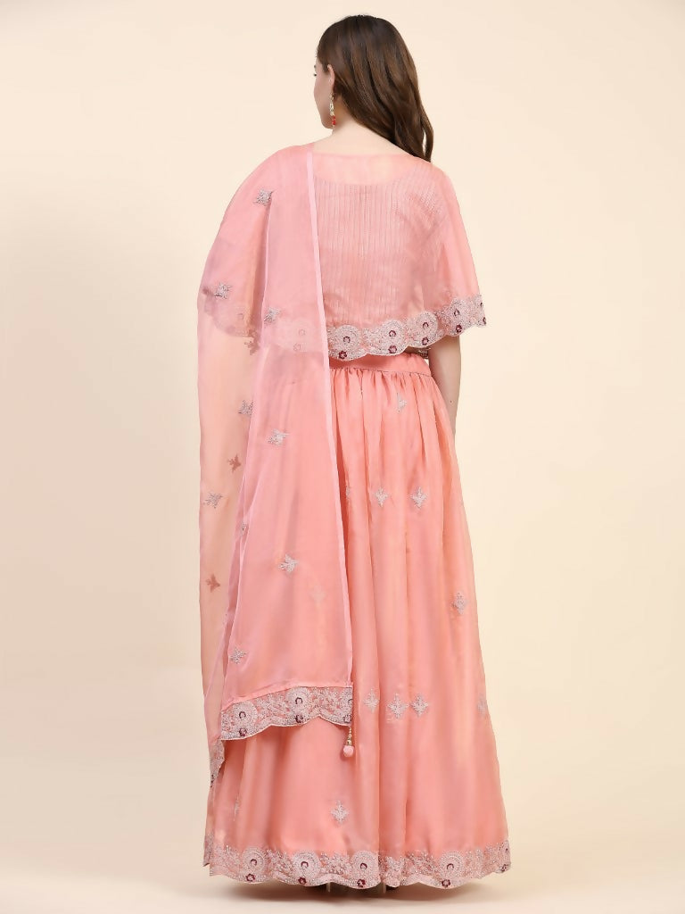 Peach Silk Embroidered Poncho Pattern Top & Lehenga with Dupatta - Tanya - Distacart