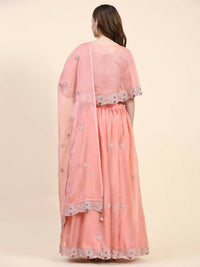 Thumbnail for Peach Silk Embroidered Poncho Pattern Top & Lehenga with Dupatta - Tanya - Distacart