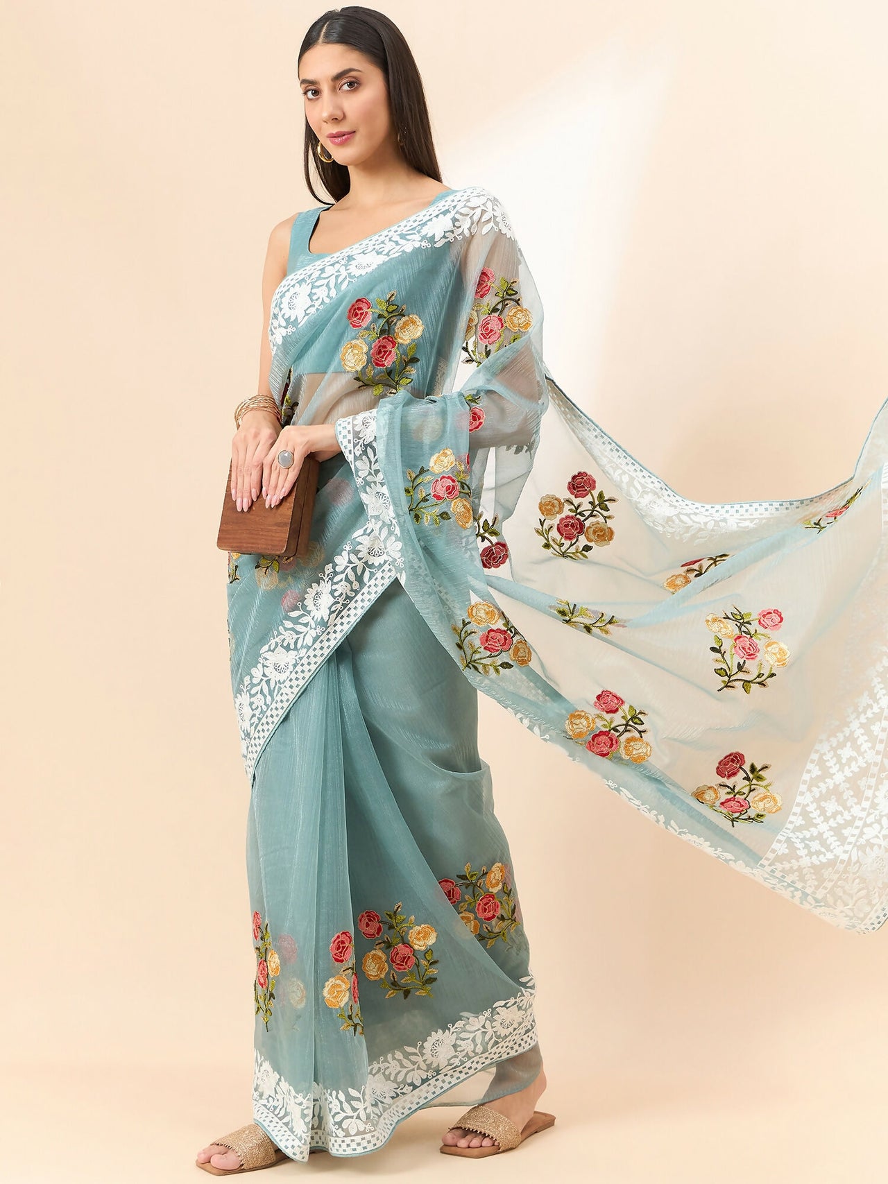 Blue Organza Floral Embroidered Saree with Unstitched Blouse Piece - Roozal - Distacart