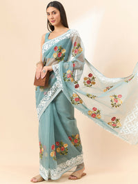 Thumbnail for Blue Organza Floral Embroidered Saree with Unstitched Blouse Piece - Roozal - Distacart