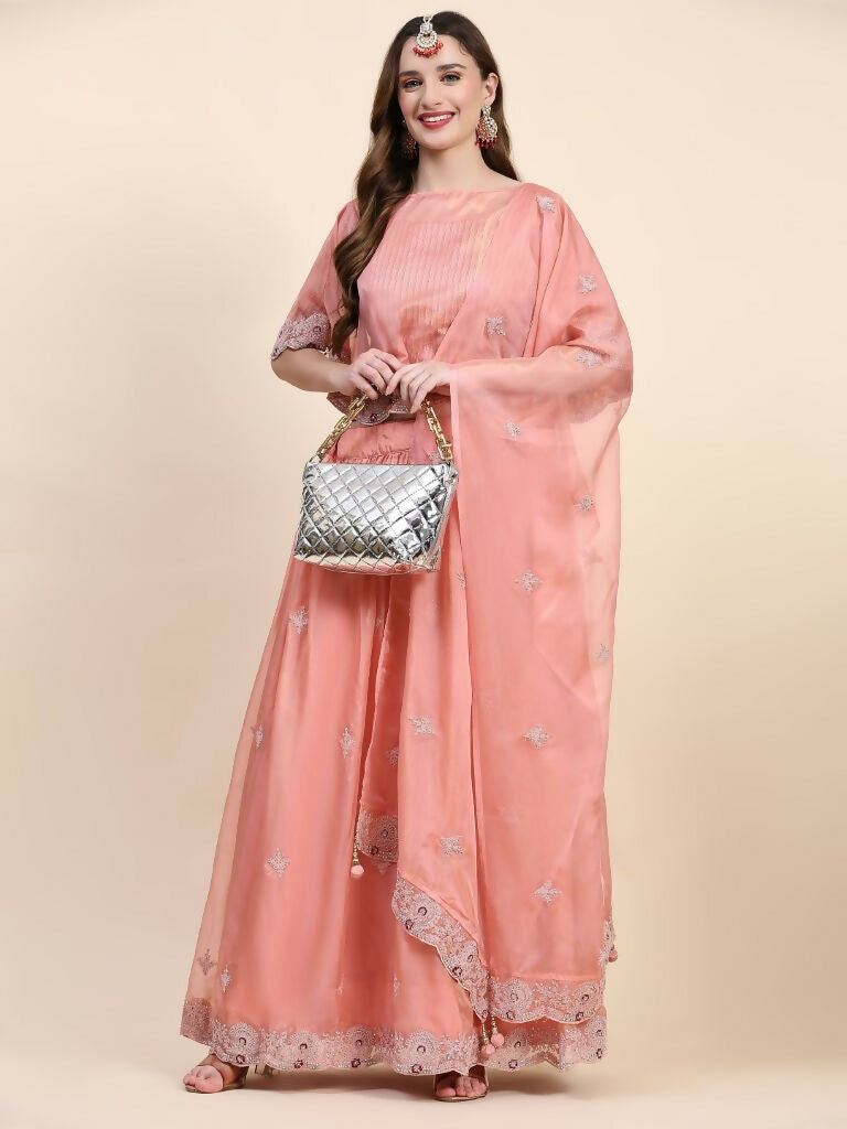 Peach Silk Embroidered Poncho Pattern Top & Lehenga with Dupatta - Tanya - Distacart