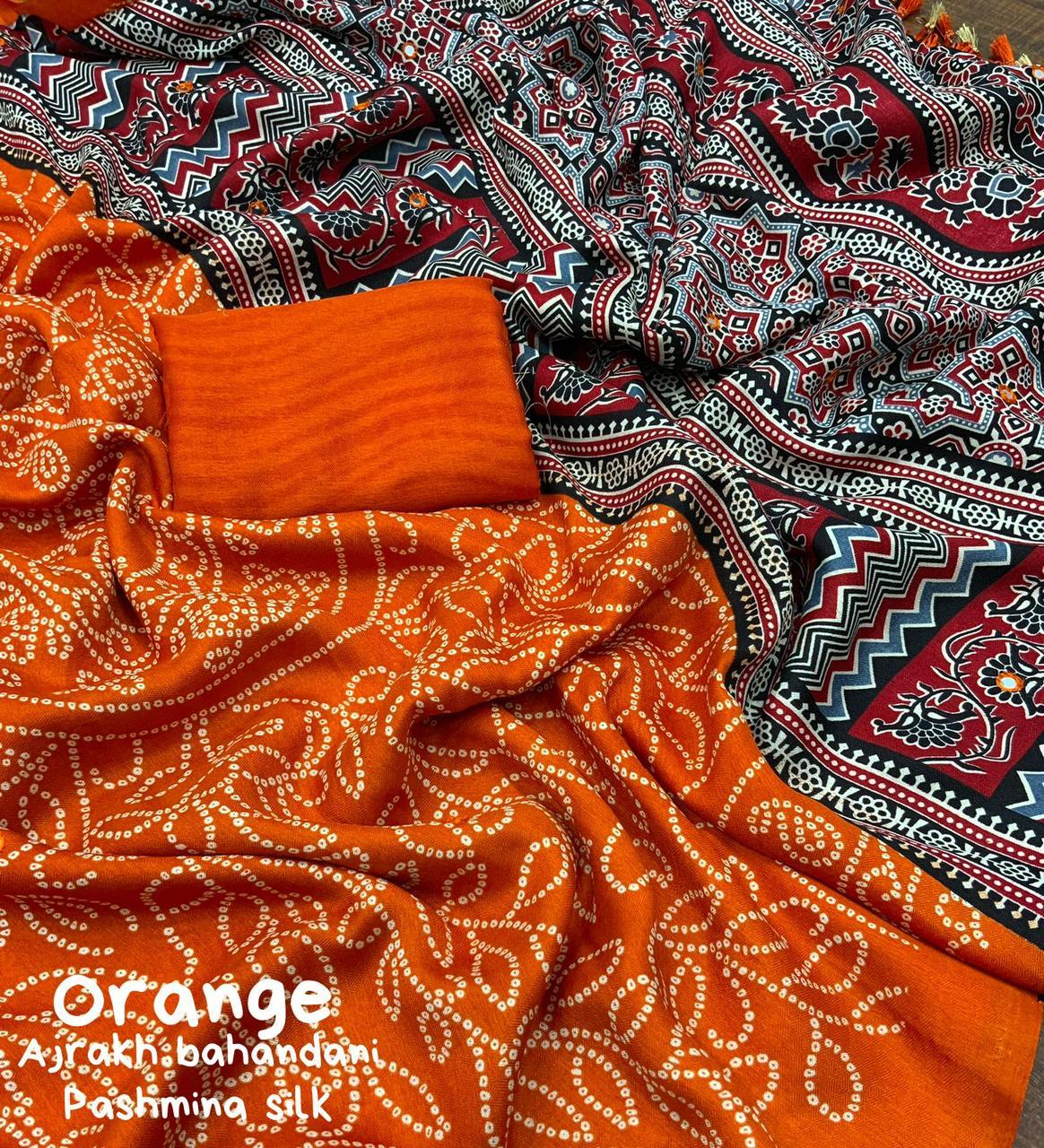 Orange Silk Blend Ajrak Saree with Unstitched Blouse - Hiral Fashion - Distacart