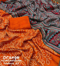 Thumbnail for Orange Silk Blend Ajrak Saree with Unstitched Blouse - Hiral Fashion - Distacart