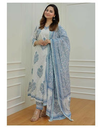 Thumbnail for Indian Fashion Women Blue and white Printed Viscose Rayon Kurta, Pant And Dupatta Set