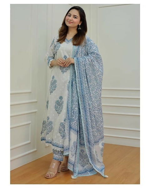 Indian Fashion Women Blue and white Printed Viscose Rayon Kurta, Pant And Dupatta Set