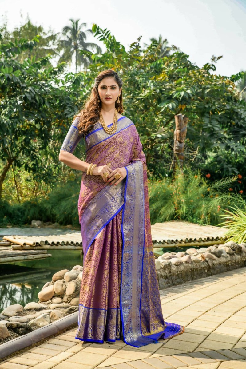 Aastha Fashion Purple Woven Kanchipuram Silk Saree with Blouse - Distacart