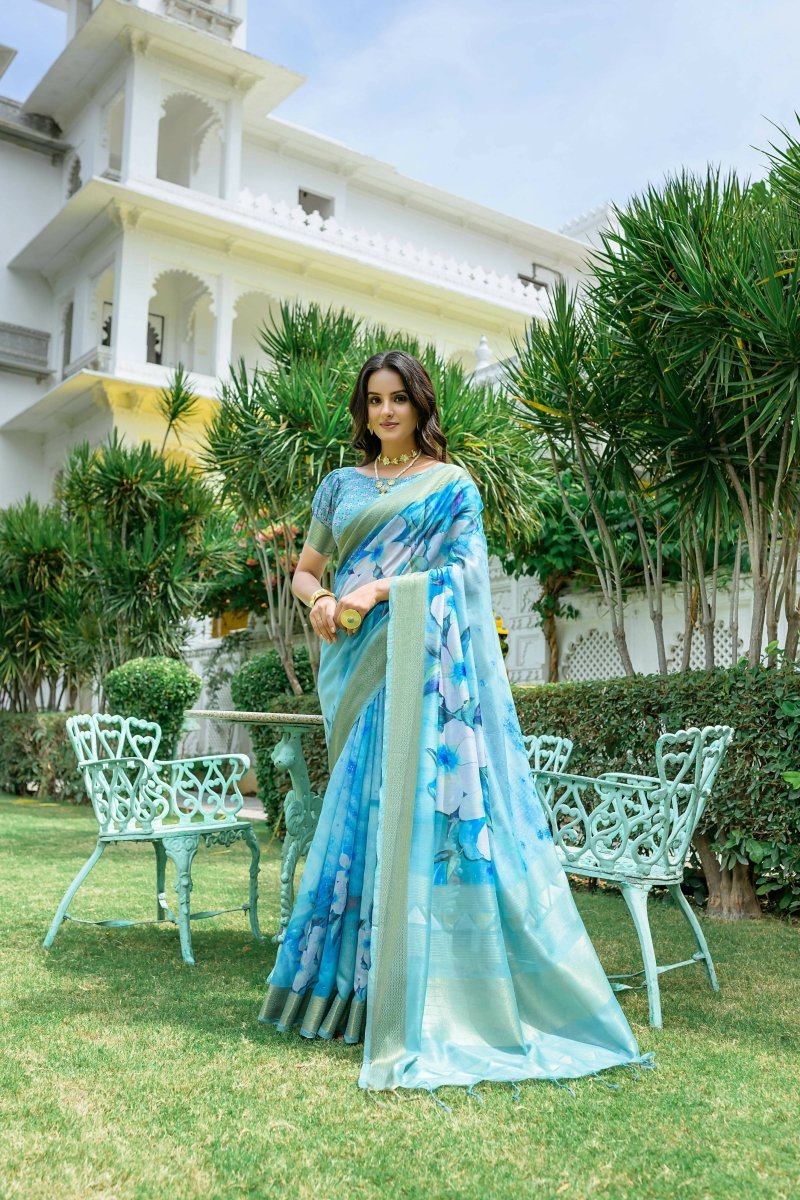 Aastha Fashion Blue Digital Printed Cotton Saree with Blouse - Distacart