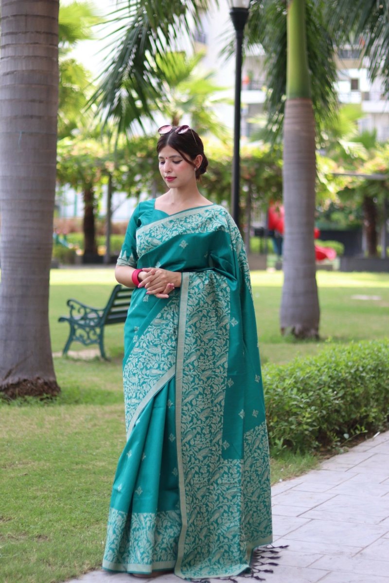 Aastha Fashion Teal Woven Handloom Raw Silk Saree with Blouse - Distacart