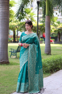 Thumbnail for Aastha Fashion Teal Woven Handloom Raw Silk Saree with Blouse - Distacart