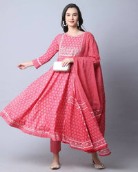 Thumbnail for Aastha Fashion Women's Pink Cotton Embroidered Kurta with Trouser & Dupatta - Distacart