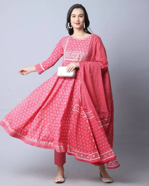 Aastha Fashion Women's Pink Cotton Embroidered Kurta with Trouser & Dupatta - Distacart