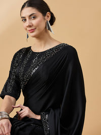 Thumbnail for Black Satin Solid Sequence Work Saree with Stitched Blouse - Dharavi - Distacart
