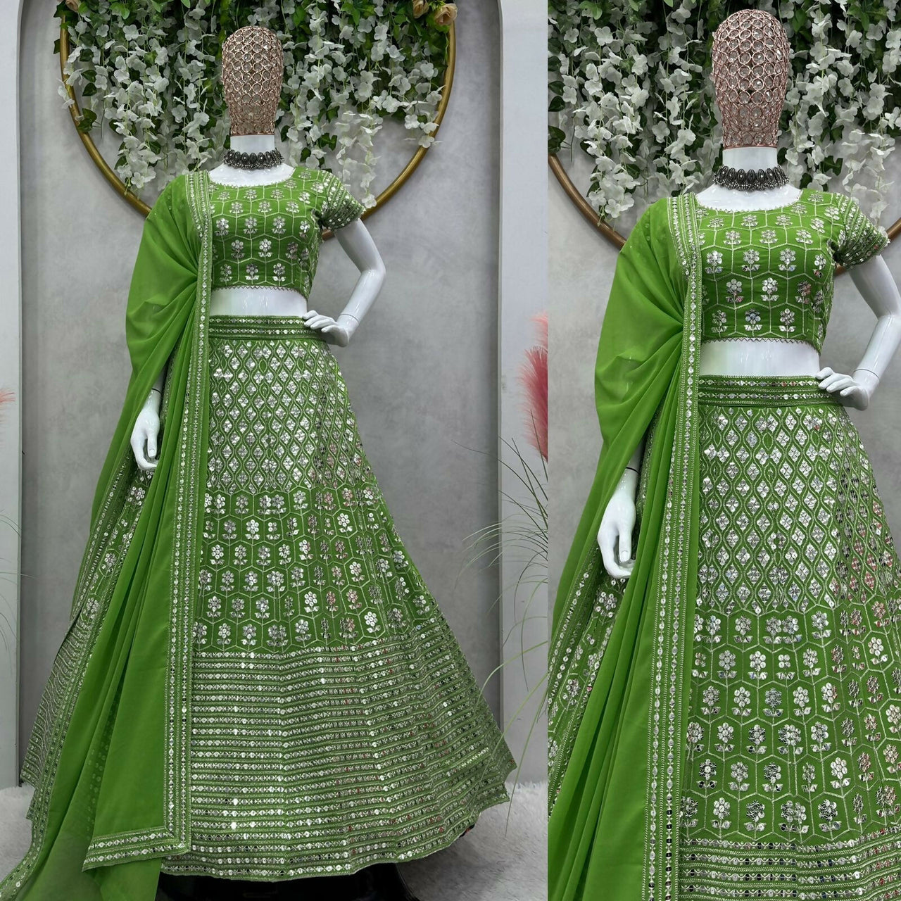 Preksha Creation Green Foux Georgette With Thread With 9Mm Sequence Women Lehenga Choli