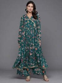 Thumbnail for Ahalyaa Women Floral Printed Angrakha Kurta with Palazzos - Green Color - Distacart