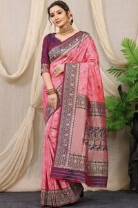 Thumbnail for Aastha Fashion Baby Pink Woven Banarasi Silk Saree with Blouse - Distacart