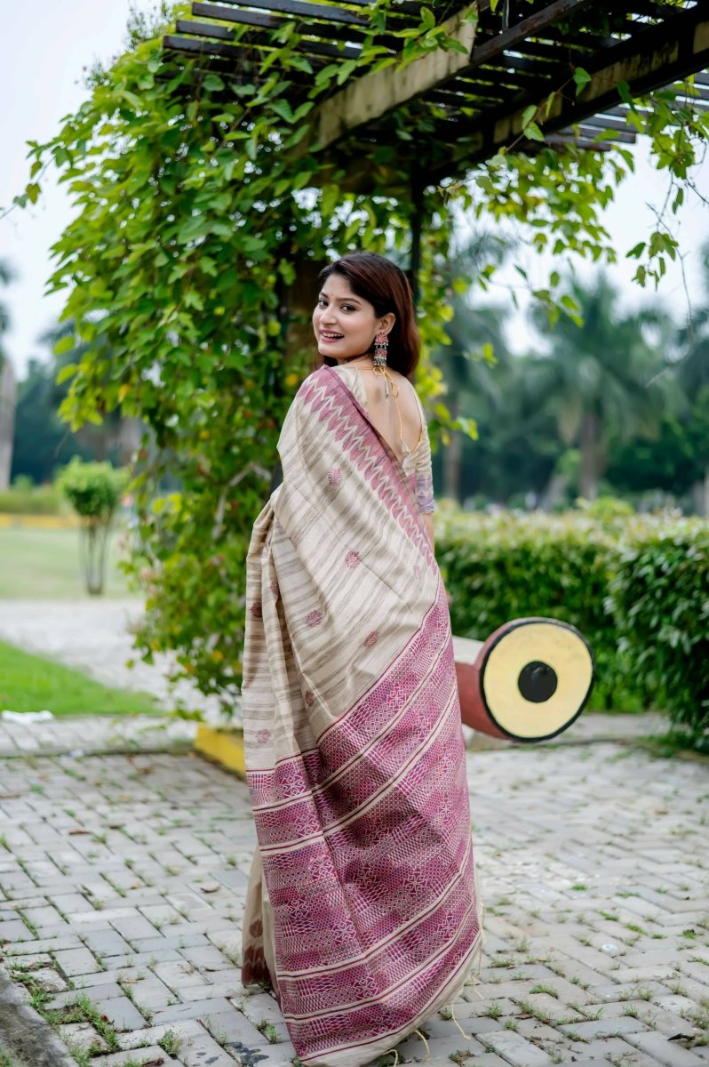 Aastha Fashion Wine Thread Woven Handloom Tussar Silk Saree with Blouse - Distacart