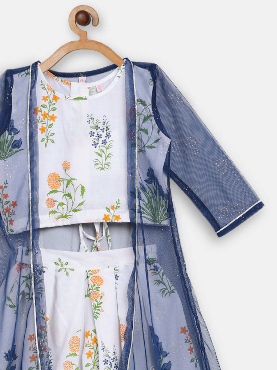 Ahalyaa Off White Cotton Printed Kids Top and Palazzo With Net Jacket For Girls - Distacart