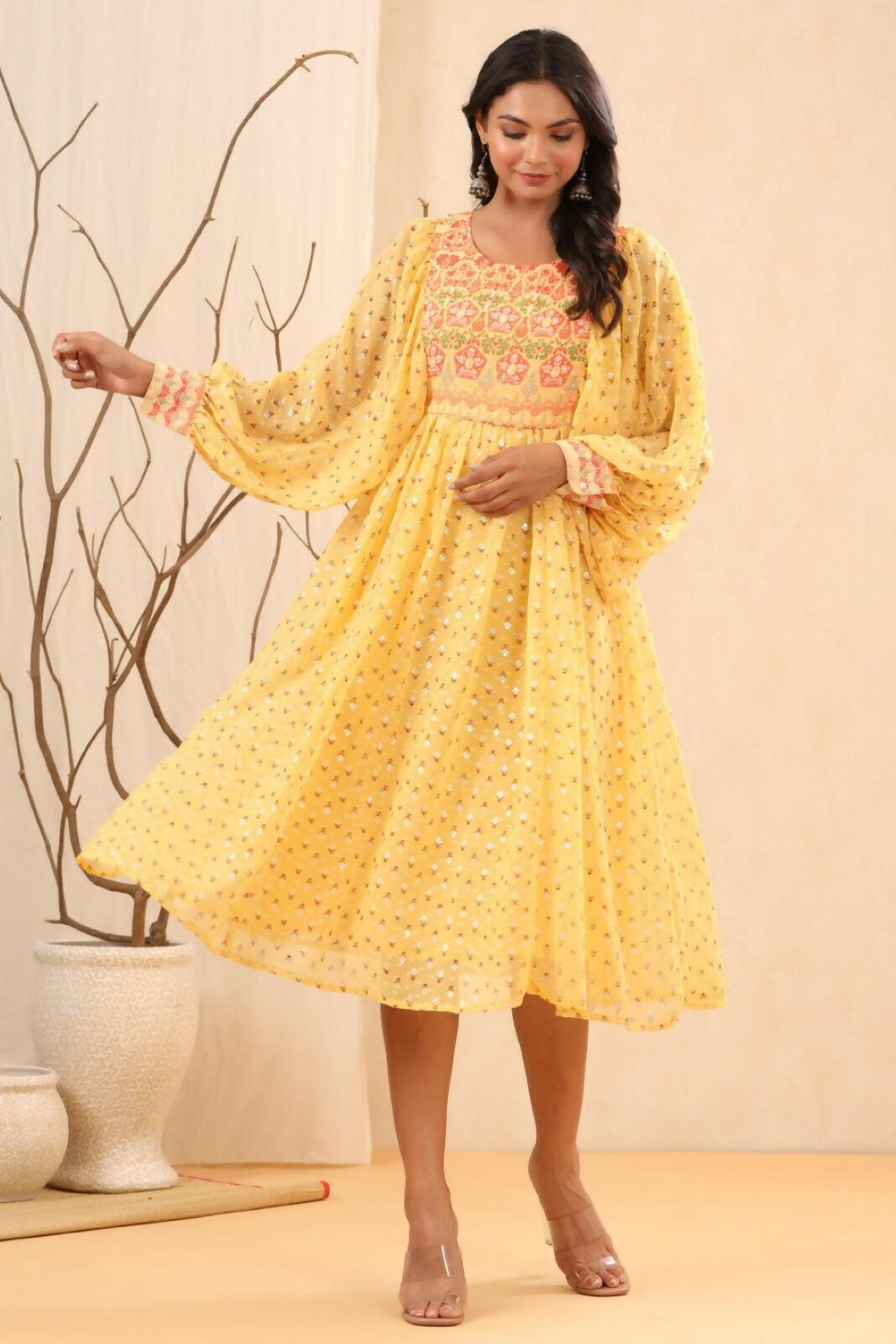 Juniper Yellow Ethnic Motif Printed Georgette Midi Dress With Sequins Work