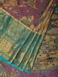 Buy Turquoise and Burgundy Kalamkari Hand Painted Kanchipuram Silk ...