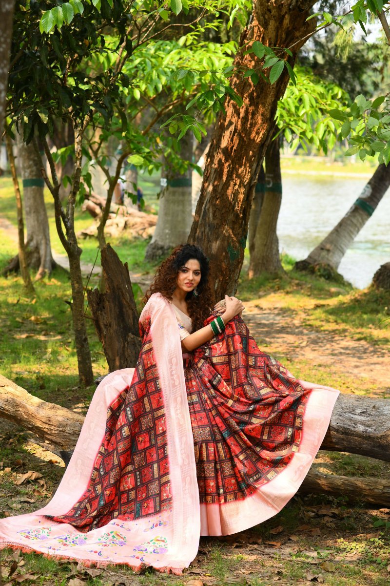 Aastha Fashion Red Woven Cotton Blend Saree with Blouse - Distacart