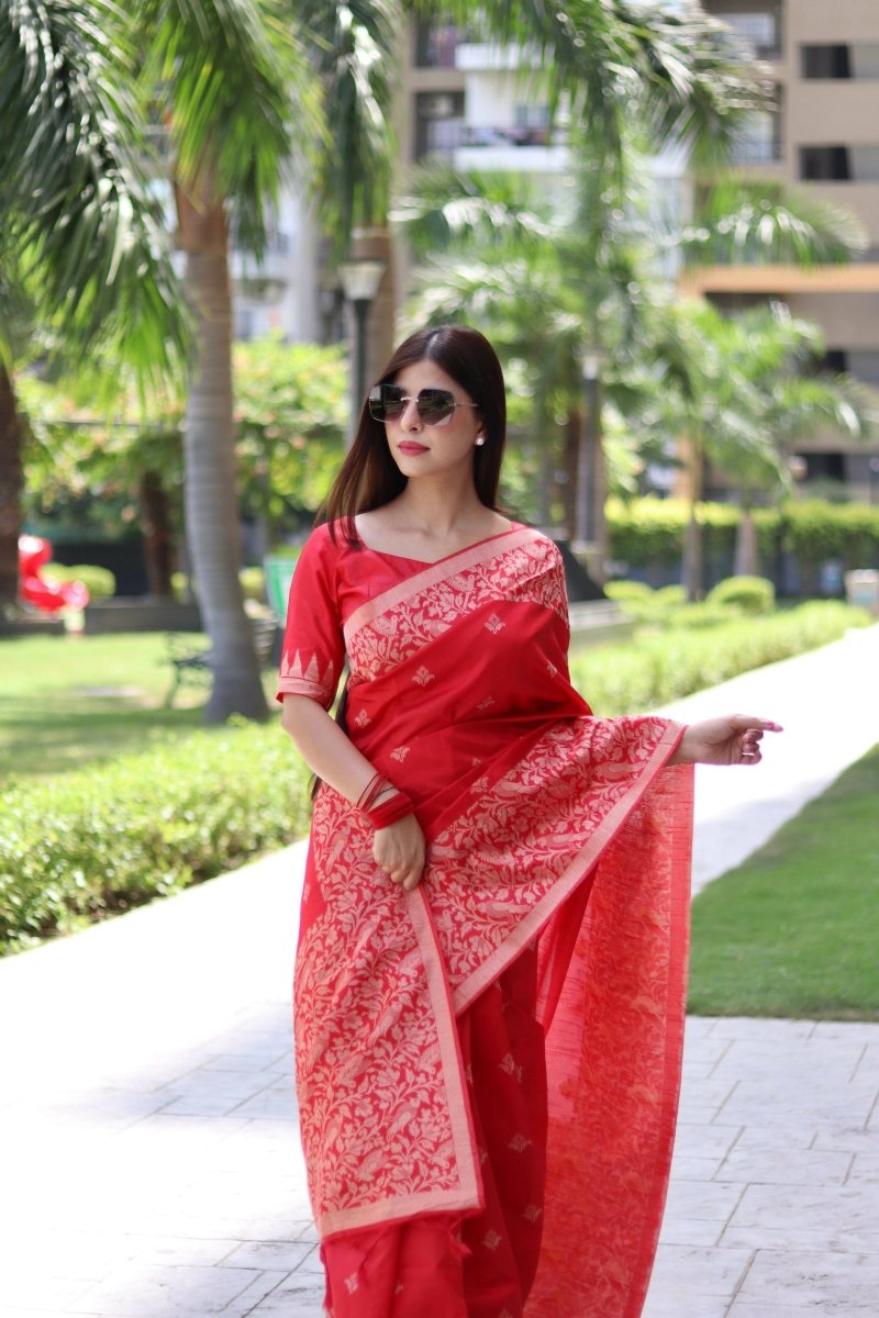 Aastha Fashion Red Woven Handloom Raw Silk Saree with Blouse - Distacart