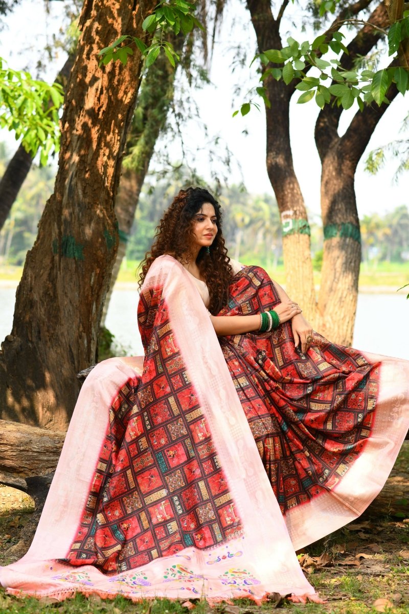 Aastha Fashion Red Woven Cotton Blend Saree with Blouse - Distacart