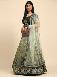 Thumbnail for Green Fancy Net Sequence Embroidered Lehenga Choli with Dupatta - Dhara - Distacart