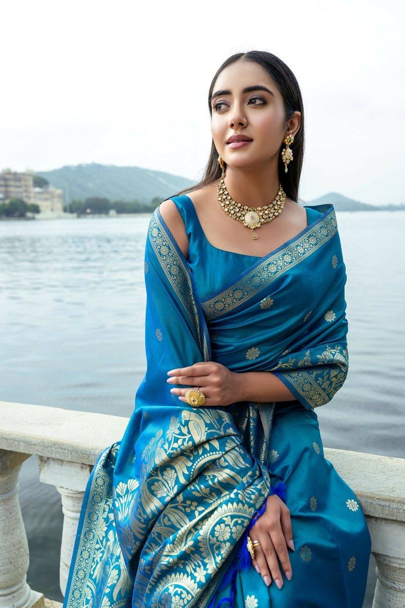 Aastha Fashion Blue Woven Soft Silk Saree with Blouse - Distacart