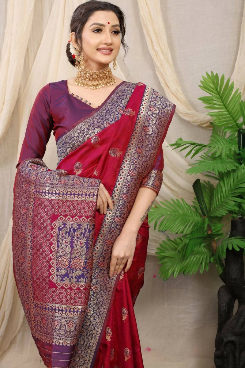 Aastha Fashion Maroon Woven Banarasi Silk Saree with Blouse - Distacart